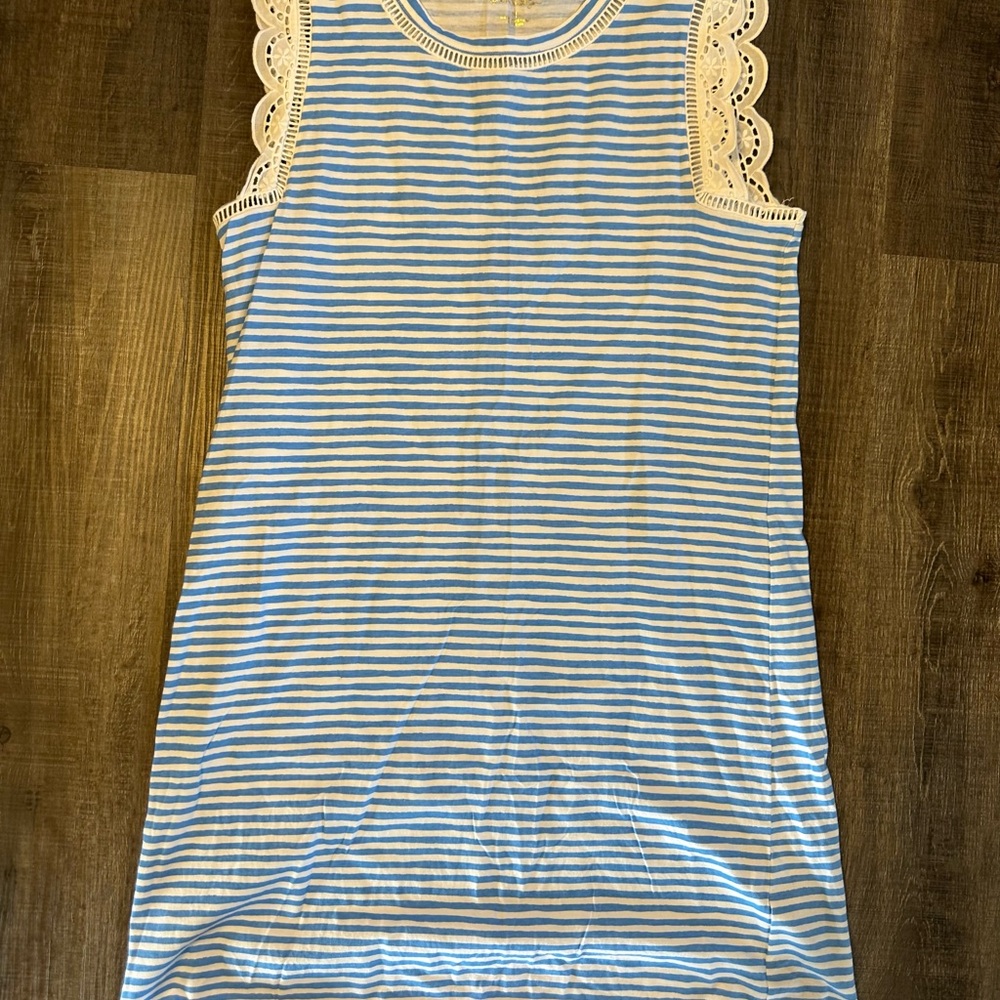 Blue and White Striped Dress with Lace Sleeves